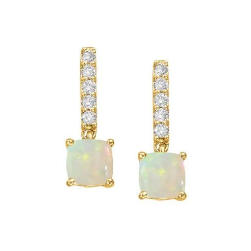 14K Yellow Gold Cushion Opal and Diamond Earrings
