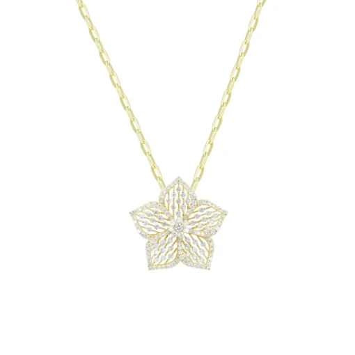 14K Yellow Gold Diamond Flower Paperclip Necklace
