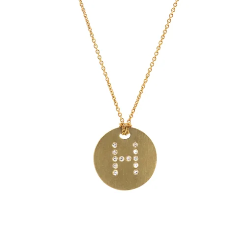 18K Yellow Gold Diamond “H” Disc Pendant with Chain