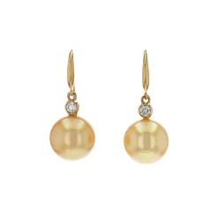 14K Yellow Gold Golden South Sea Pearl and Diamond Earrings