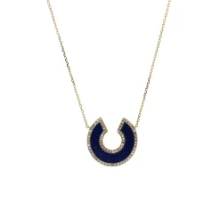 14K Yellow Gold Horseshoe Lapis and Diamond Necklace