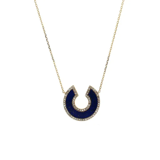 14K Yellow Gold Horseshoe Lapis and Diamond Necklace