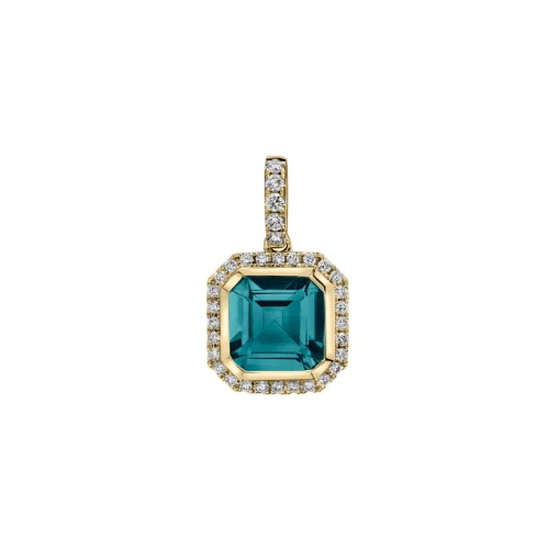 14K Yellow Gold Octagonal London Blue Topaz and Diamond Pendant