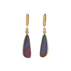 14K Yellow Gold Opal Doublet and Diamond Dangle Earrings