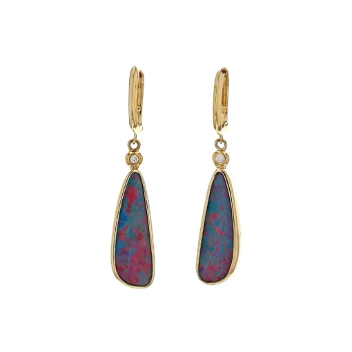 14K Yellow Gold Opal Doublet and Diamond Dangle Earrings