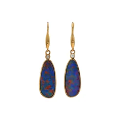 14K Yellow Gold Opal Doublet and Diamond Dangle Earrings