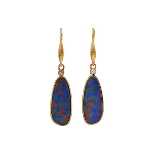 14K Yellow Gold Opal Doublet and Diamond Dangle Earrings