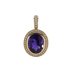 14K Yellow Gold Oval Amethyst and Diamond Halo Pendant