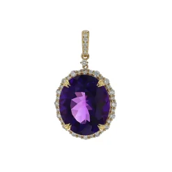 14K Yellow Gold Oval Amethyst and Diamond Pendant