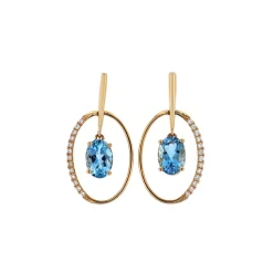 14K Yellow Gold Oval Aquamarine and Diamond Earrings