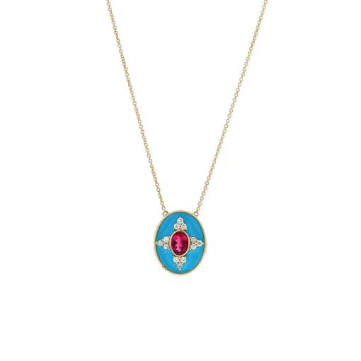 14K Yellow Gold Oval Rubellite and Diamond Necklace