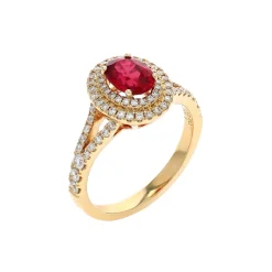 14K Yellow Gold Oval Ruby and Double Diamond Halo Ring