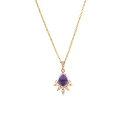 14K Yellow Gold Pear Amethyst and Diamond Pendant with Chain