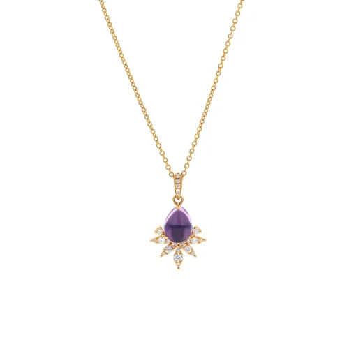 14K Yellow Gold Pear Amethyst and Diamond Pendant with Chain