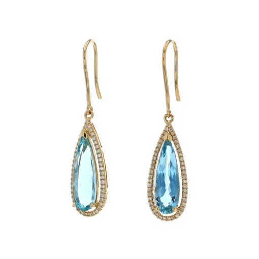 14K Yellow Gold Pear Aquamarine and Diamond Earrings