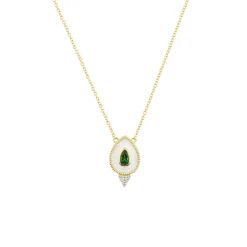 14K Yellow Gold Pear Green Tourmaline, Diamond, and White Enamel Necklace