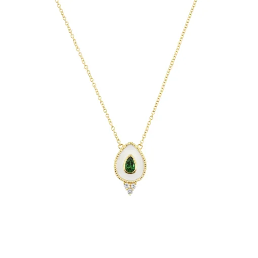14K Yellow Gold Pear Green Tourmaline, Diamond, and White Enamel Necklace