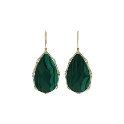 14K Yellow Gold Pear Malachite and Diamond Earrings