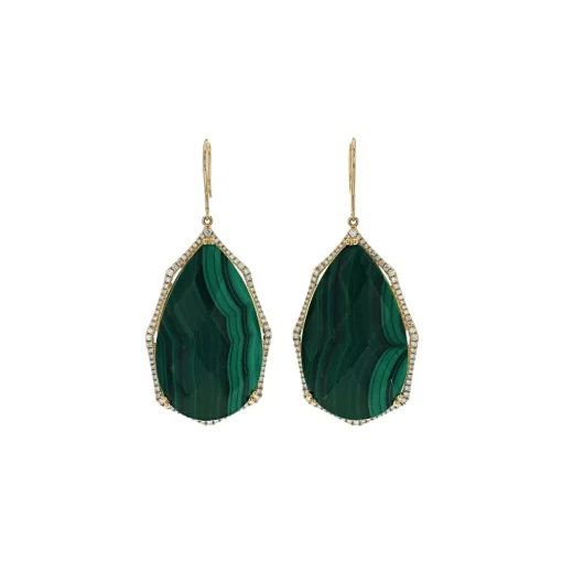 14K Yellow Gold Pear Malachite and Diamond Earrings