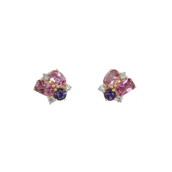 14K Yellow Gold Pink & Purple Sapphire and Diamond Earrings