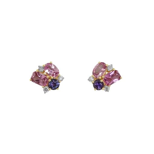14K Yellow Gold Pink & Purple Sapphire and Diamond Earrings