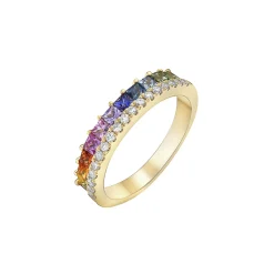 14K Yellow Gold Princess Rainbow Sapphire and Diamond Band
