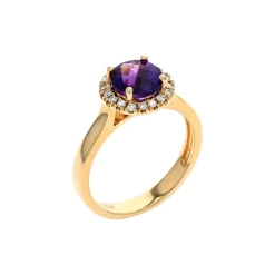 14K Yellow Gold Round Amethyst and Diamond Halo Ring