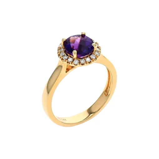 14K Yellow Gold Round Amethyst and Diamond Halo Ring