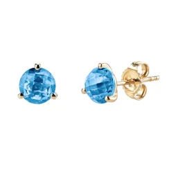 14K Yellow Gold Round Blue Topaz Stud Earrings