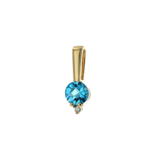 14K Yellow Gold Round Swiss Blue Topaz and Diamond Tension Pendant