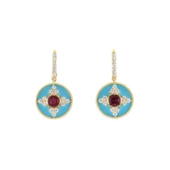 14K Yellow Gold Rubellite and Diamond Blue Enamel Earrings