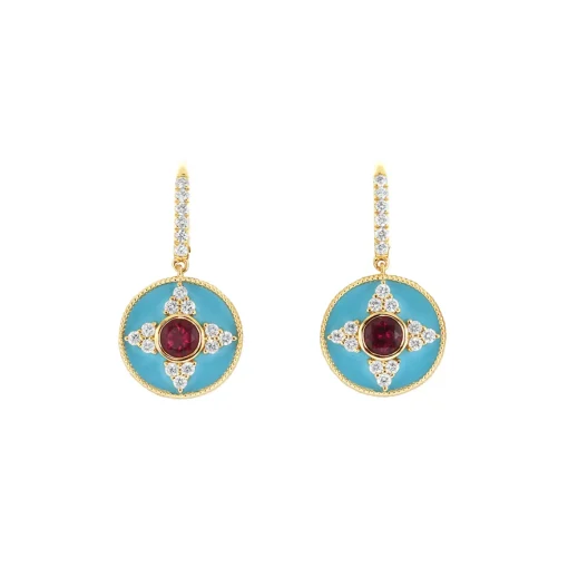 14K Yellow Gold Rubellite and Diamond Blue Enamel Earrings