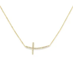 14K Yellow Gold Sideways Diamond Cross Necklace