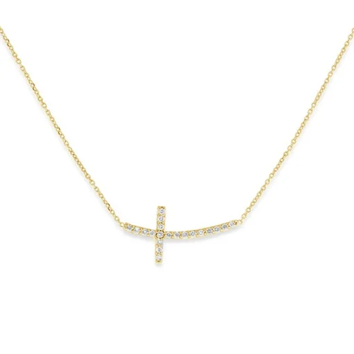 14K Yellow Gold Sideways Diamond Cross Necklace