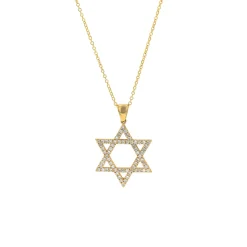 14K Yellow Gold Star of David Diamond Pendant with Chain