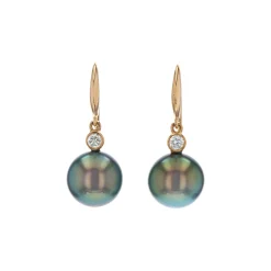 14K Yellow Gold Tahitian Pearl and Diamond Dangle Earrings