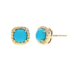 14K Yellow Gold Turquoise and Diamond Stud Earrings