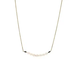 14K Yellow Gold White Akoya Pearl and Black Diamond Necklace