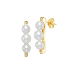 18K Yellow Gold White Freshwater Pearl and Diamond Earrings