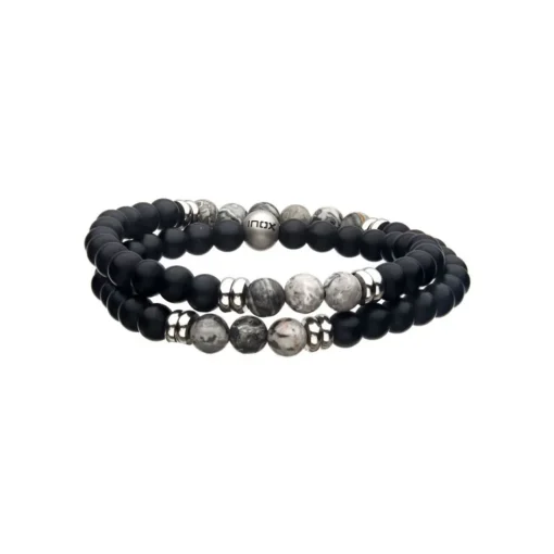 Stainless Steel Jasper and Onyx Double Bracelet