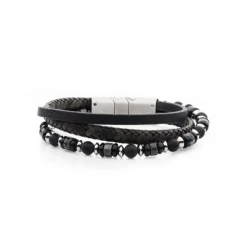 Stainless Steel Jasper and Onyx Leather Bracelet