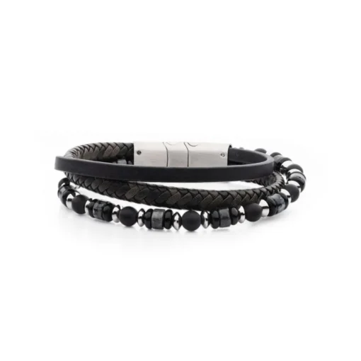Stainless Steel Jasper and Onyx Leather Bracelet