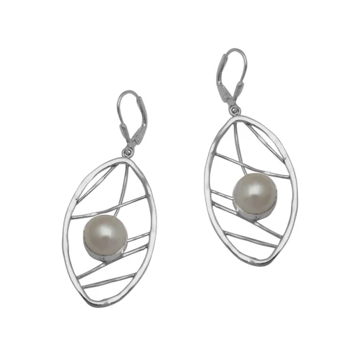 Sterling Silver Freshwater Pearl Leaf Earrings