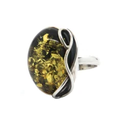 Sterling Silver Oval Green Amber Ring