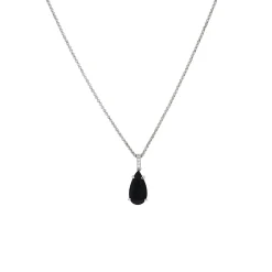 Sterling Silver Pear Black Agate and Diamond Pendant with Chain