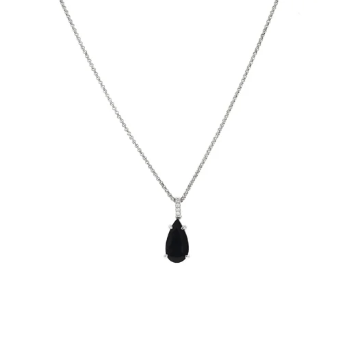Sterling Silver Pear Black Agate and Diamond Pendant with Chain