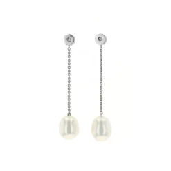 Sterling Silver White Freshwater Pearl and Diamond Drop Earrings