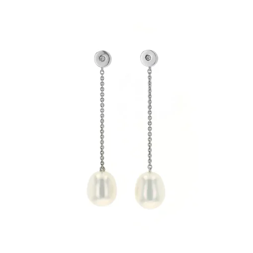 Sterling Silver White Freshwater Pearl and Diamond Drop Earrings